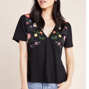 Anthropologie Isla Maude Black Floral Tee Sz Small